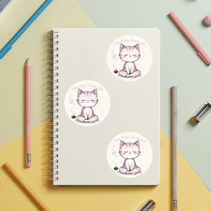 Purr More Stress Less Meditating Cat | Mindfulness | White Gloss Vinyl | Die-Cut Sticker