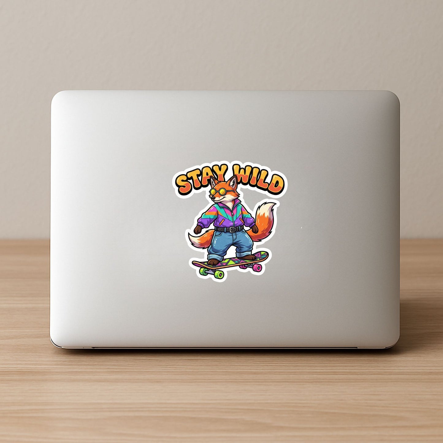 Stay Wild Skater Fox | 90s Retro | White Vinyl | Die-Cut Sticker