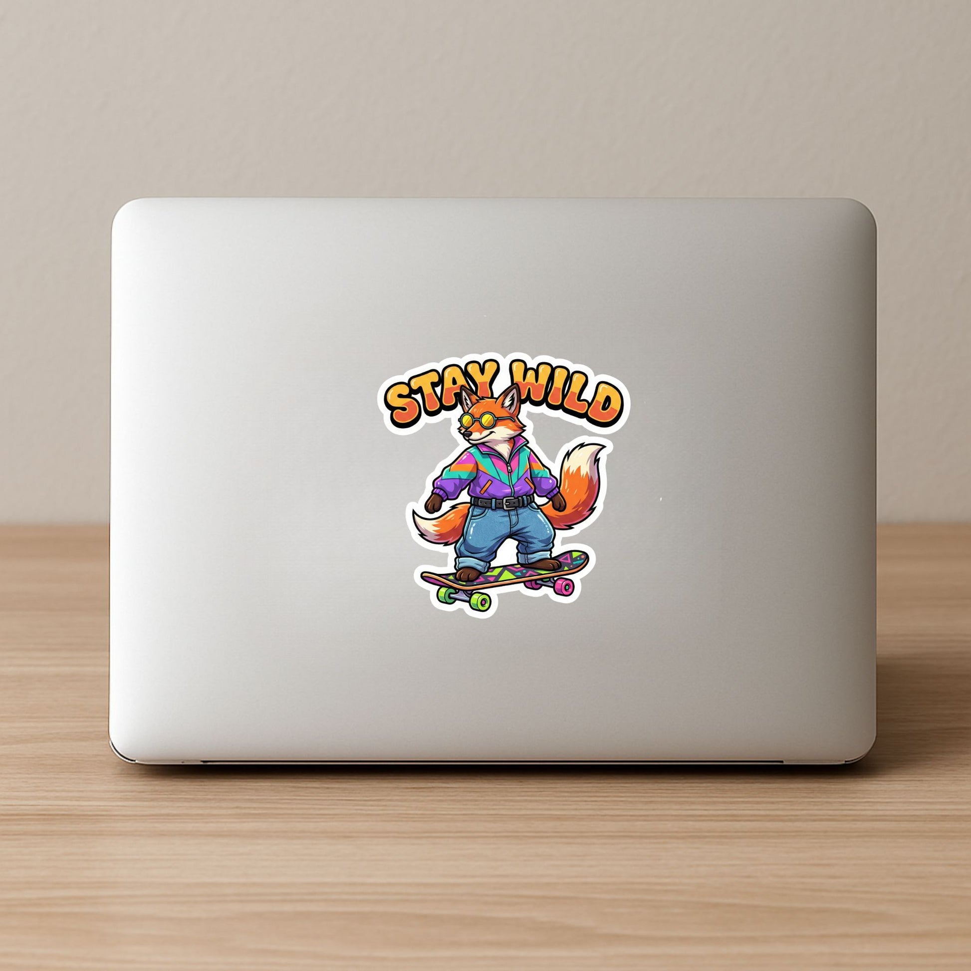 Stay Wild Skater Fox | 90s Retro | White Vinyl | Die-Cut Sticker