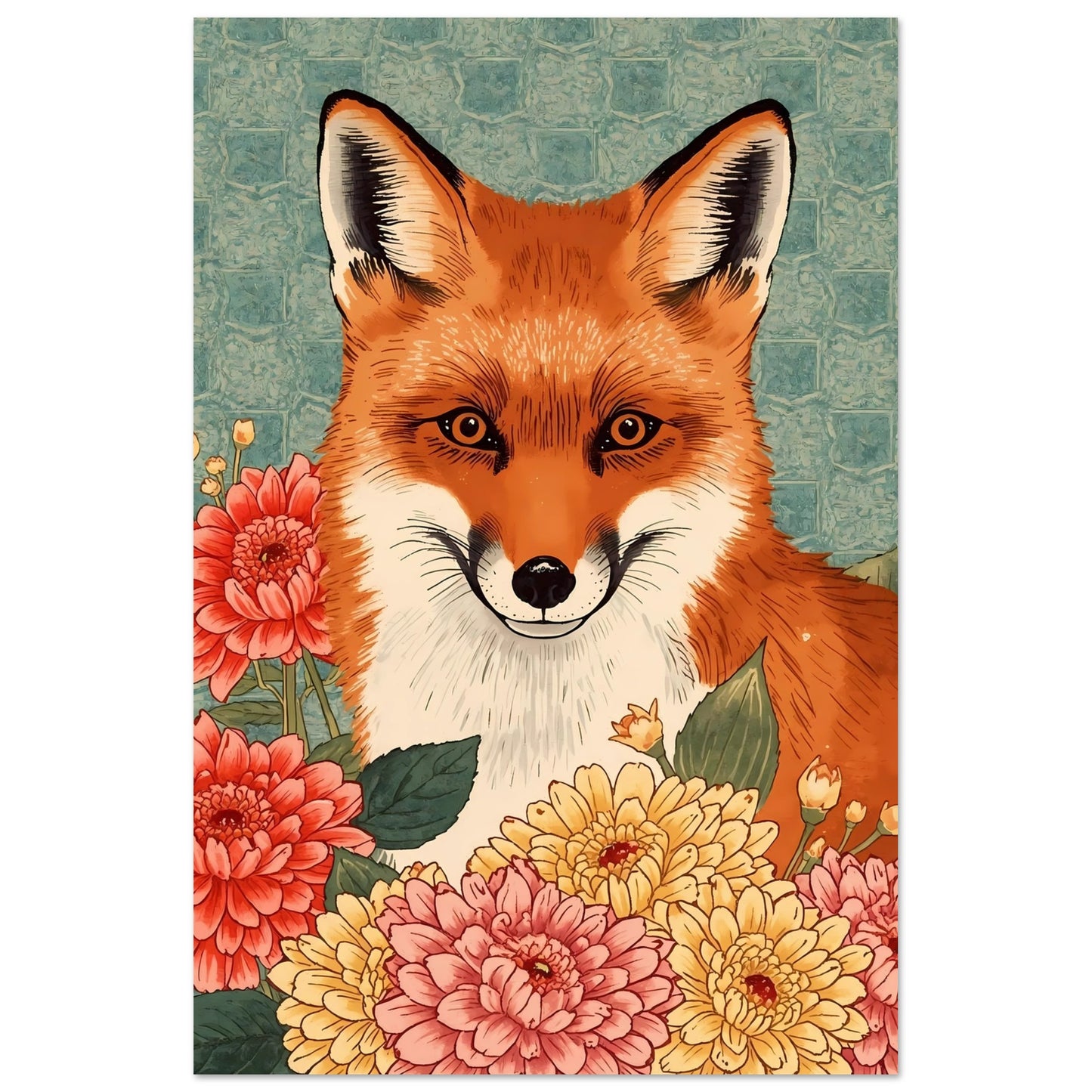 Floral Fox Ukiyo-e Wall Art Poster 60x90 cm 24x36″