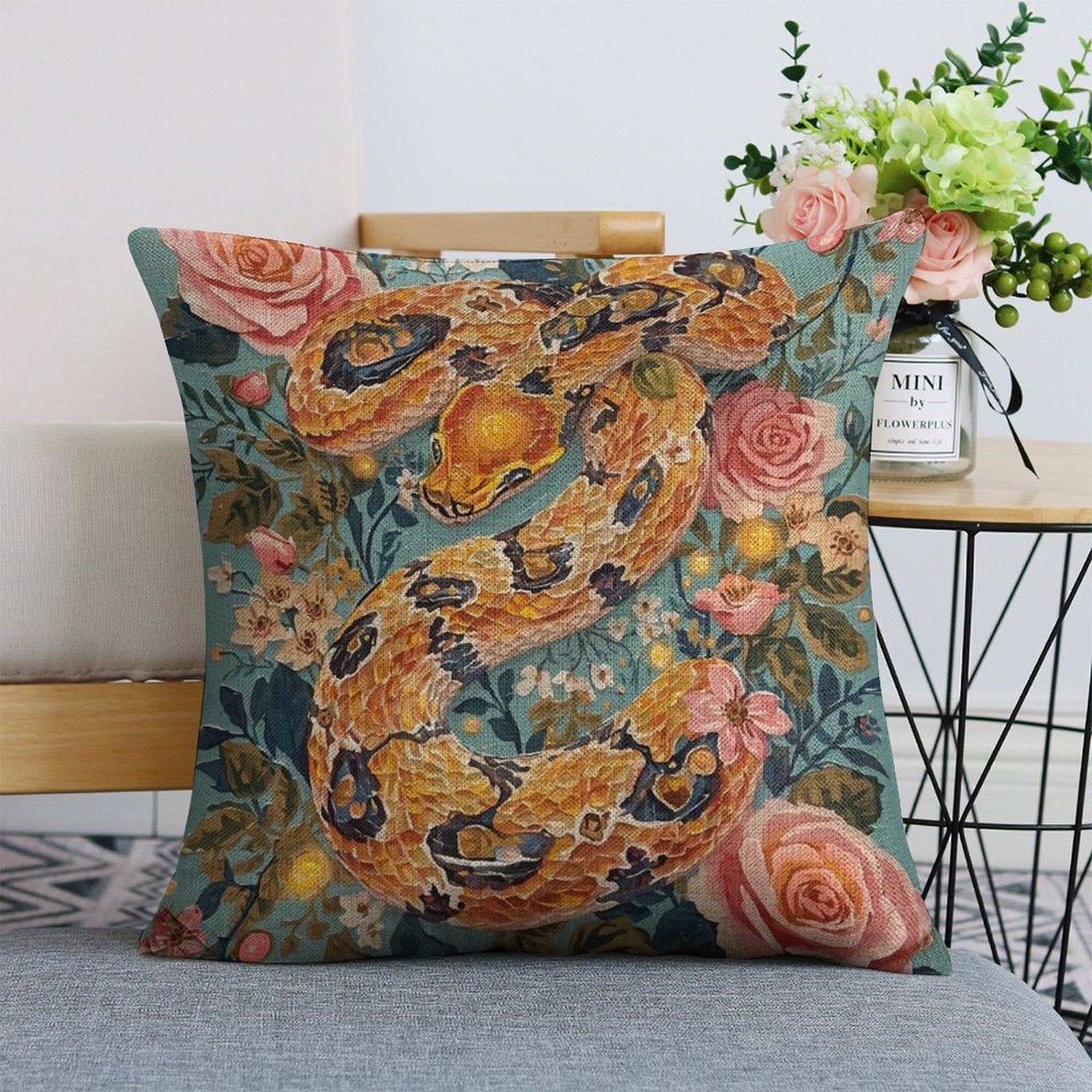 Serpent & Roses Botanical Serpent Illustration Cushion Cover — US-Made, Single-Sided Print, 45×45cm