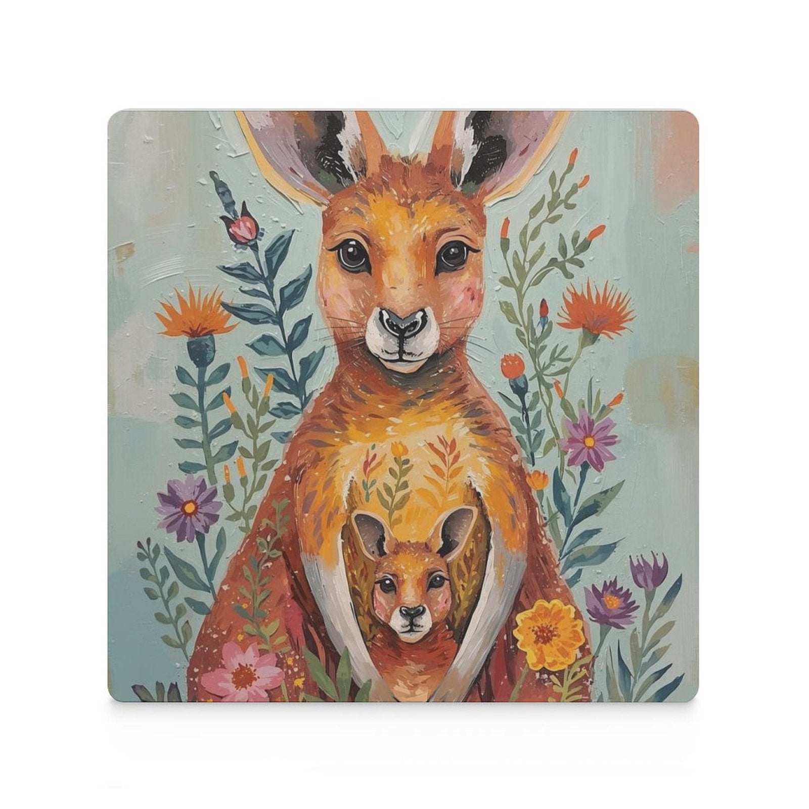 Kangaroo & Joey Australian Wildflower Coasters — US-Made, Set of 4