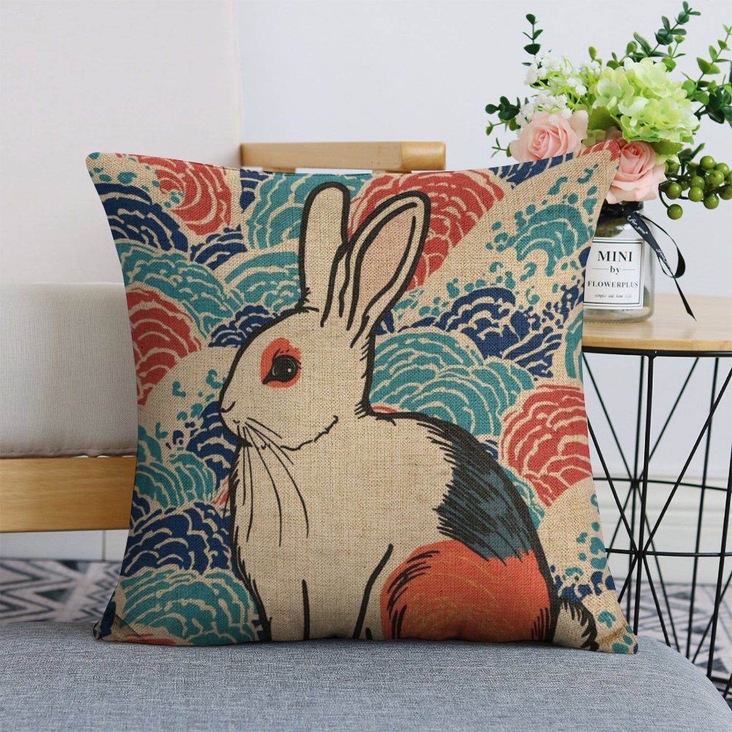Vivid Rabbit Japanese Ukiyo-e Cushion Cover — US-Made, Single-Sided Print, 45×45cm