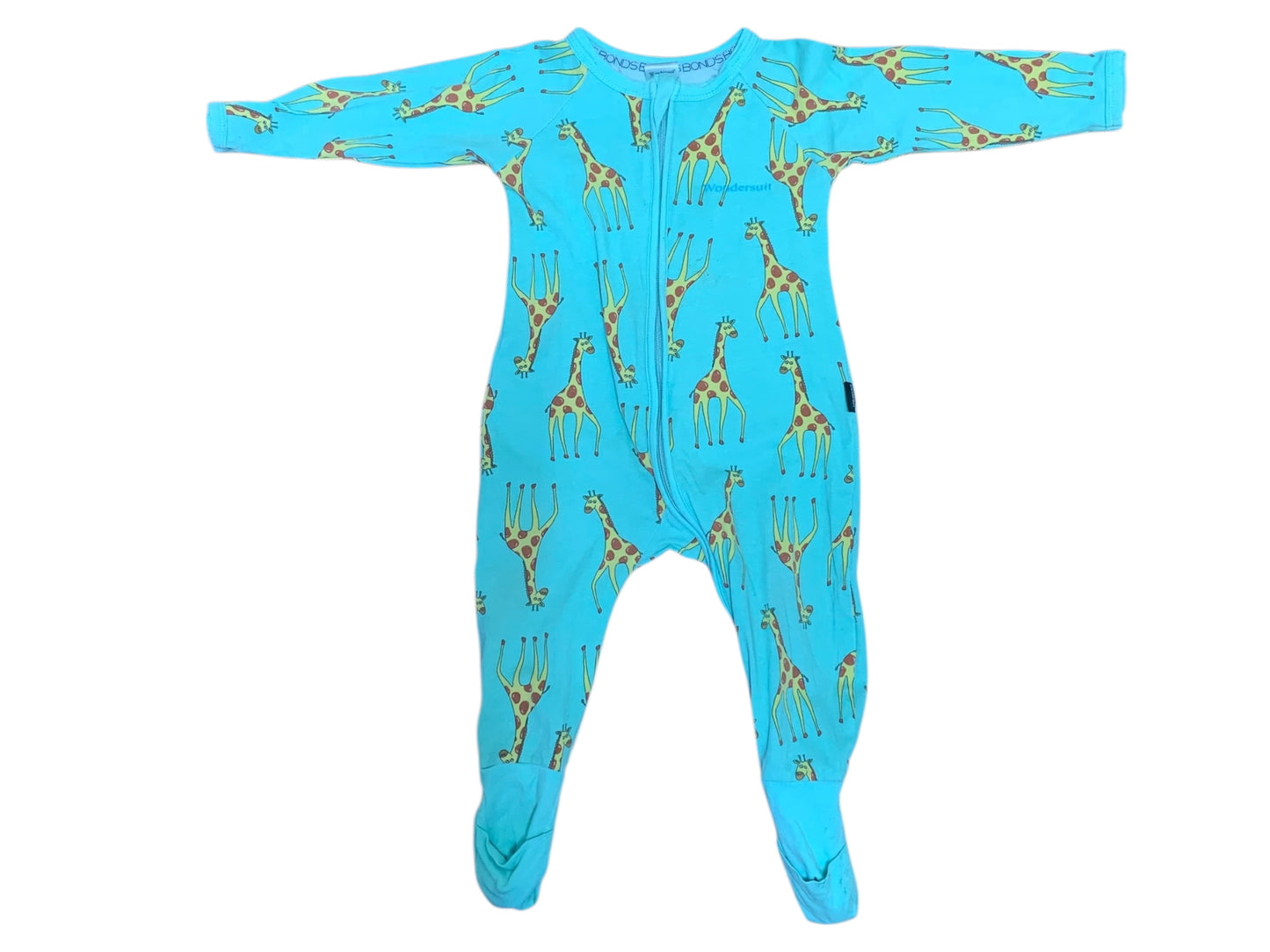 Bonds | Bundle of 3 Baby Wondersuits | Giraffe & Blue | Long Sleeve | Size 0 6-12M | Pre-Owned