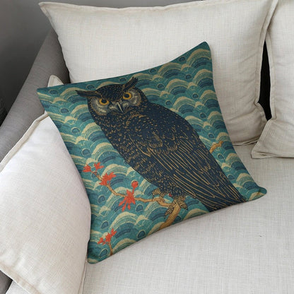 Majestic Owl Japanese Ukiyo-e Cushion Cover — US-Made, Single-Sided Print, 45×45cm