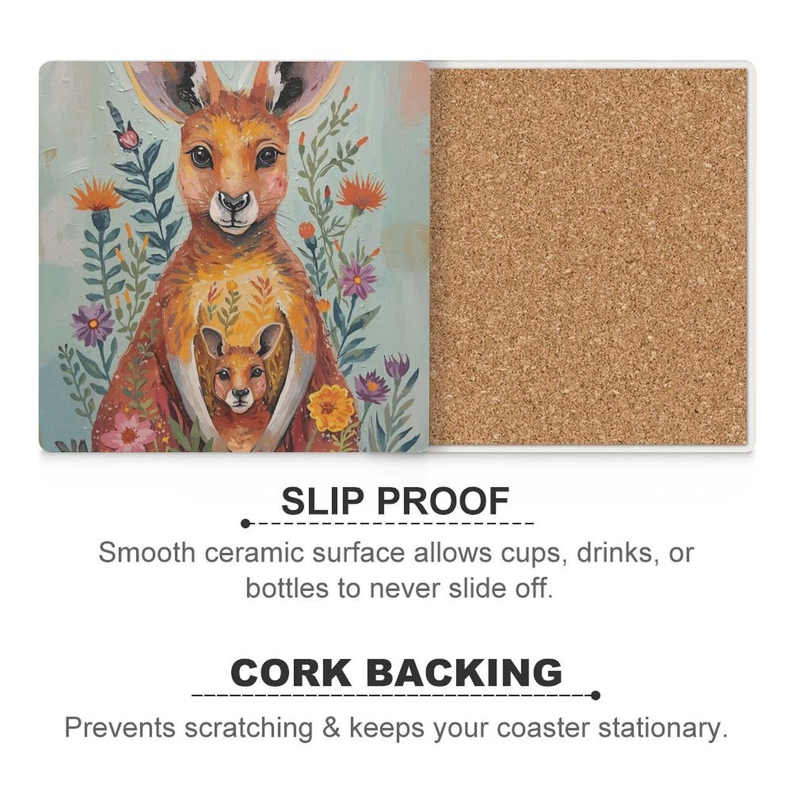 Kangaroo & Joey Australian Wildflower Coasters — US-Made, Set of 4