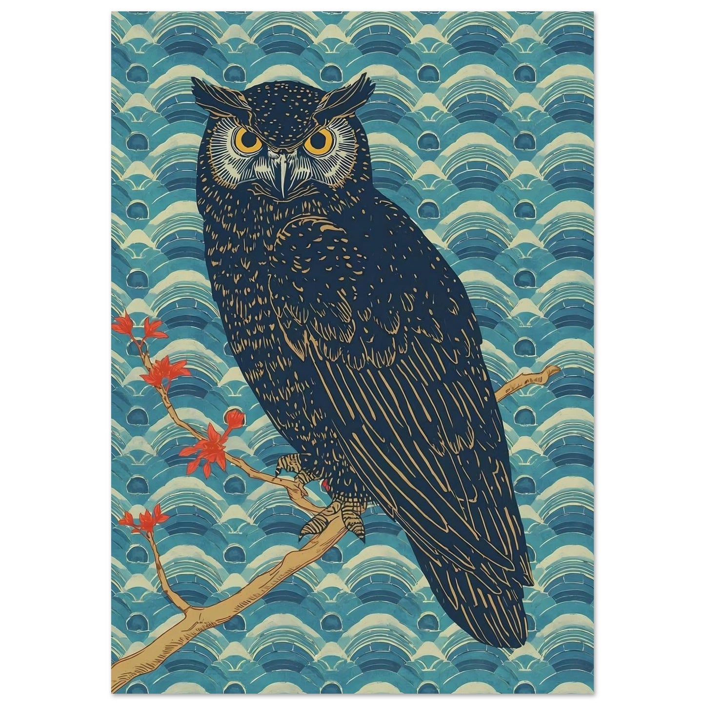 Night Watch Owl Japanese Art Wall Poster A0 (84.1 x 118.9 cm)
