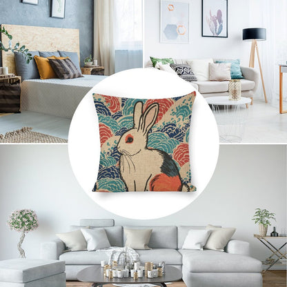 Vivid Rabbit Japanese Ukiyo-e Cushion Cover — US-Made, Single-Sided Print, 45×45cm