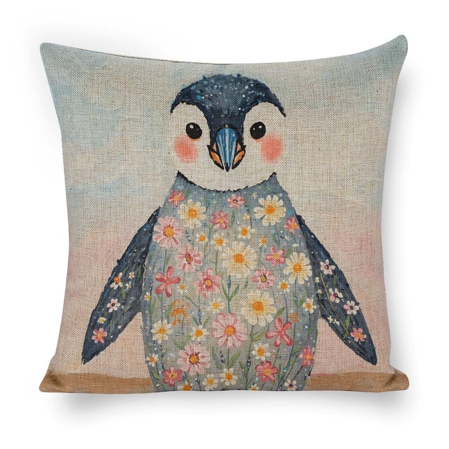 Floral Penguin Whimsical Illustration Cushion Cover — US-Made, Single-Sided Print, 45×45cm