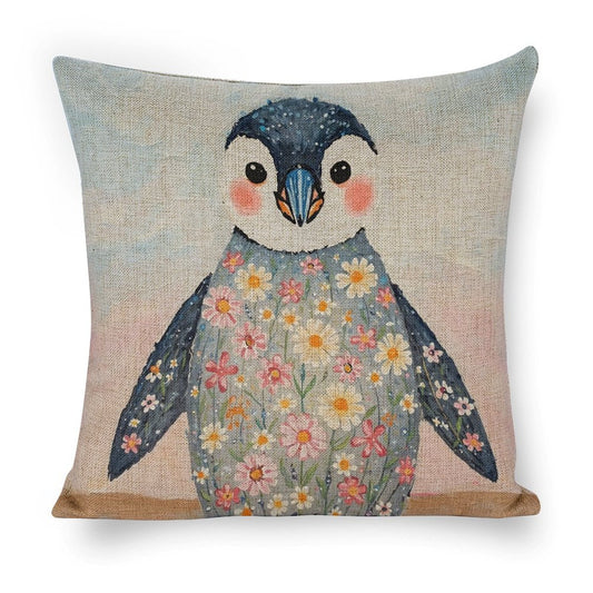 Floral Penguin Whimsical Illustration Cushion Cover — US-Made, Single-Sided Print, 45×45cm