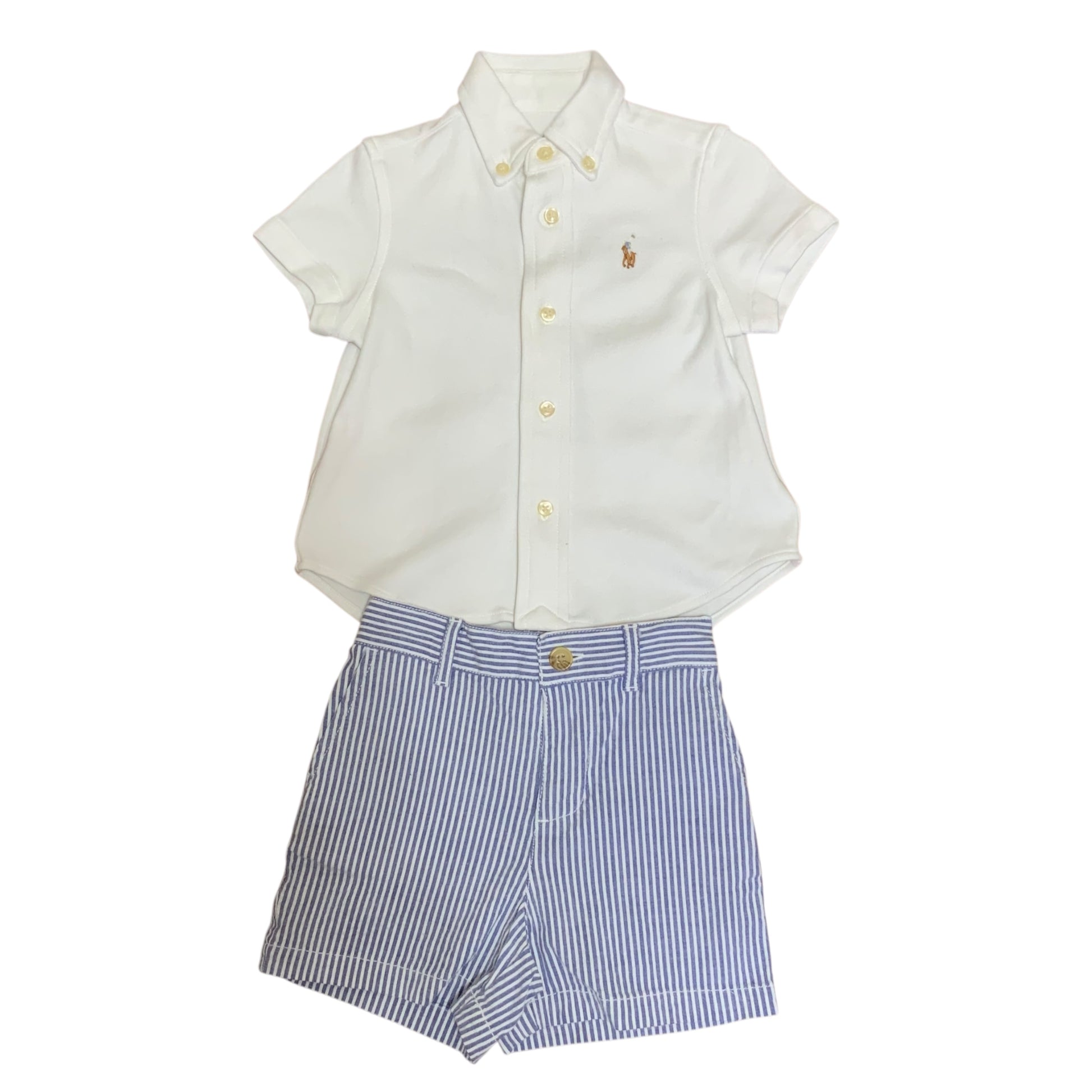 Ralph Lauren Baby Boys 2-Piece Set White Shirt & Blue Stripe Shorts | Size 9M
