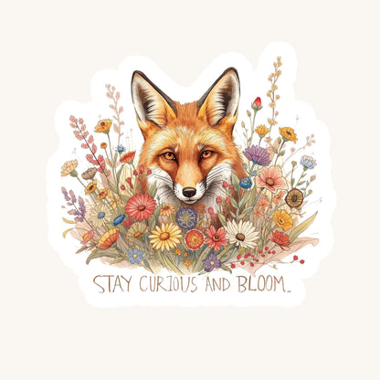 Stay Curious Fox in Wildflowers | Nature | White Gloss Vinyl | Die-Cut Sticker