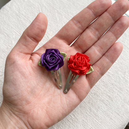 Flower Hair Clips (Set of 2), Handmade Ribbon Rose Snap Clips