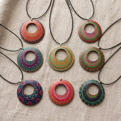 Boho Wooden Pendant Necklace, Handmade Printed Design with Butterfly Charm