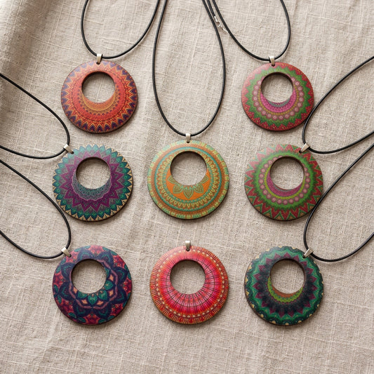 Boho Wooden Pendant Necklace, Handmade Printed Design with Butterfly Charm