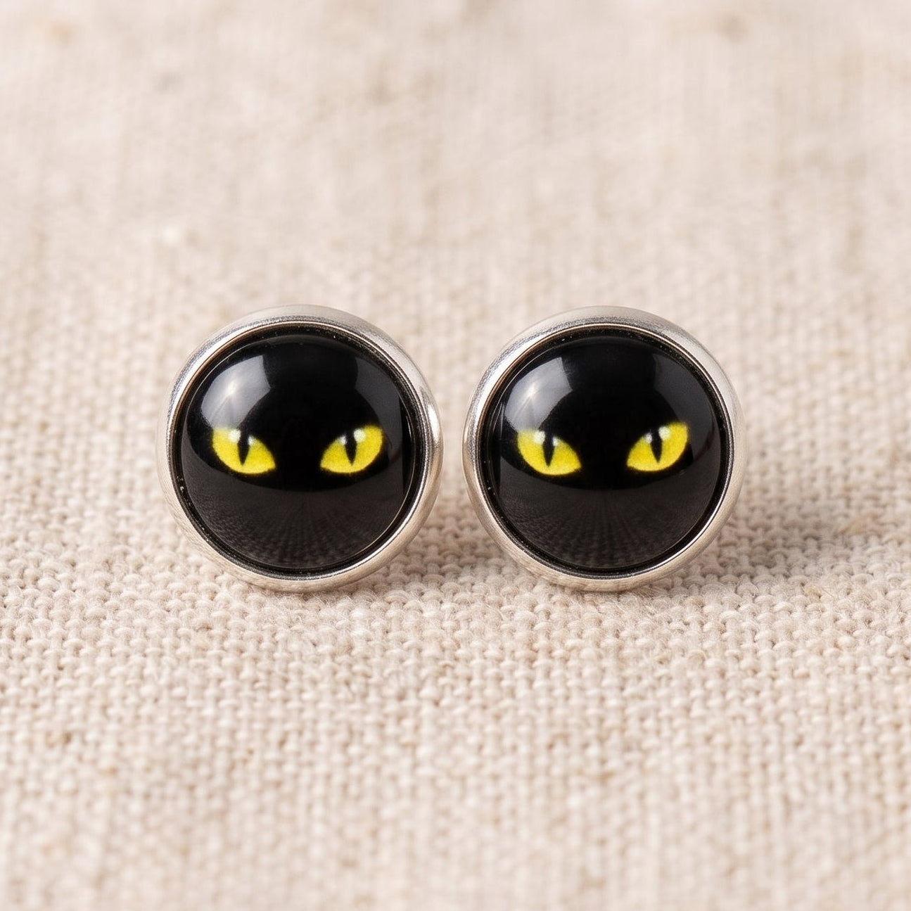 Black Cat Eyes Stud Earrings, Handmade Glass Cabochon Studs