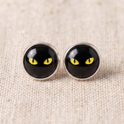 Black Cat Eyes Halloween Stud Earrings, Handmade Glass Cabochon Studs