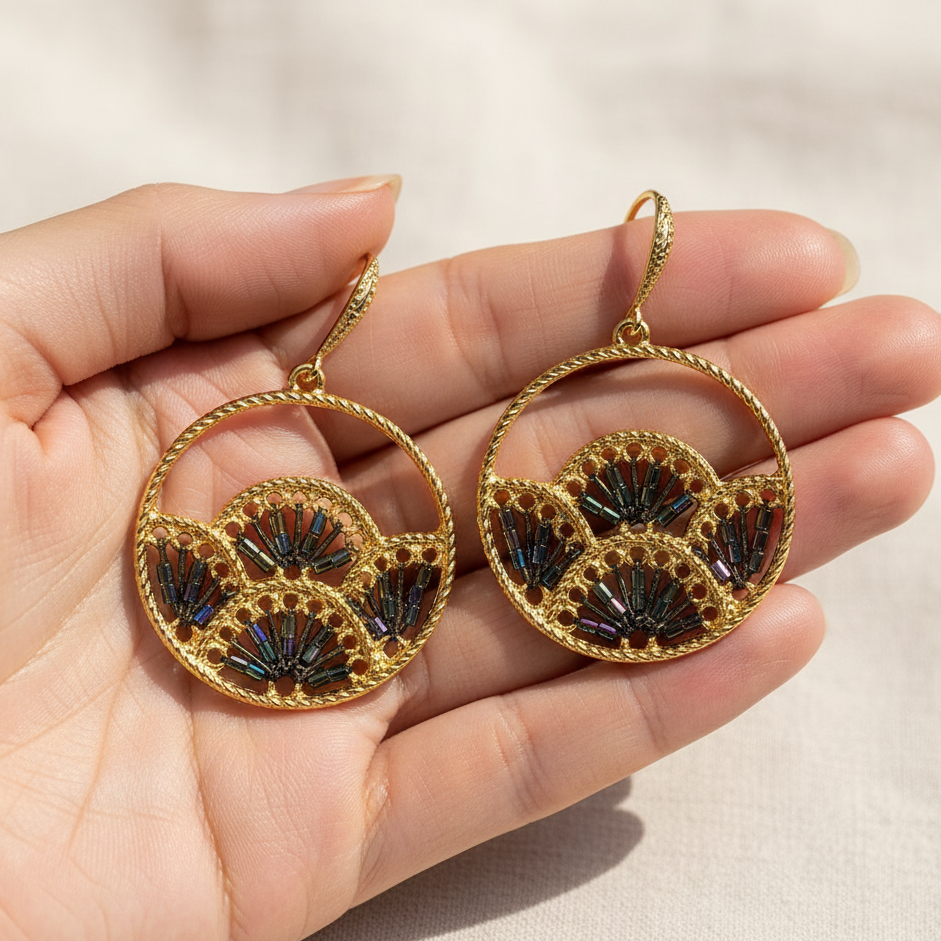 Woven Fan Drop Earrings & Necklace Set, Handmade Black Seed Bead Statement Set