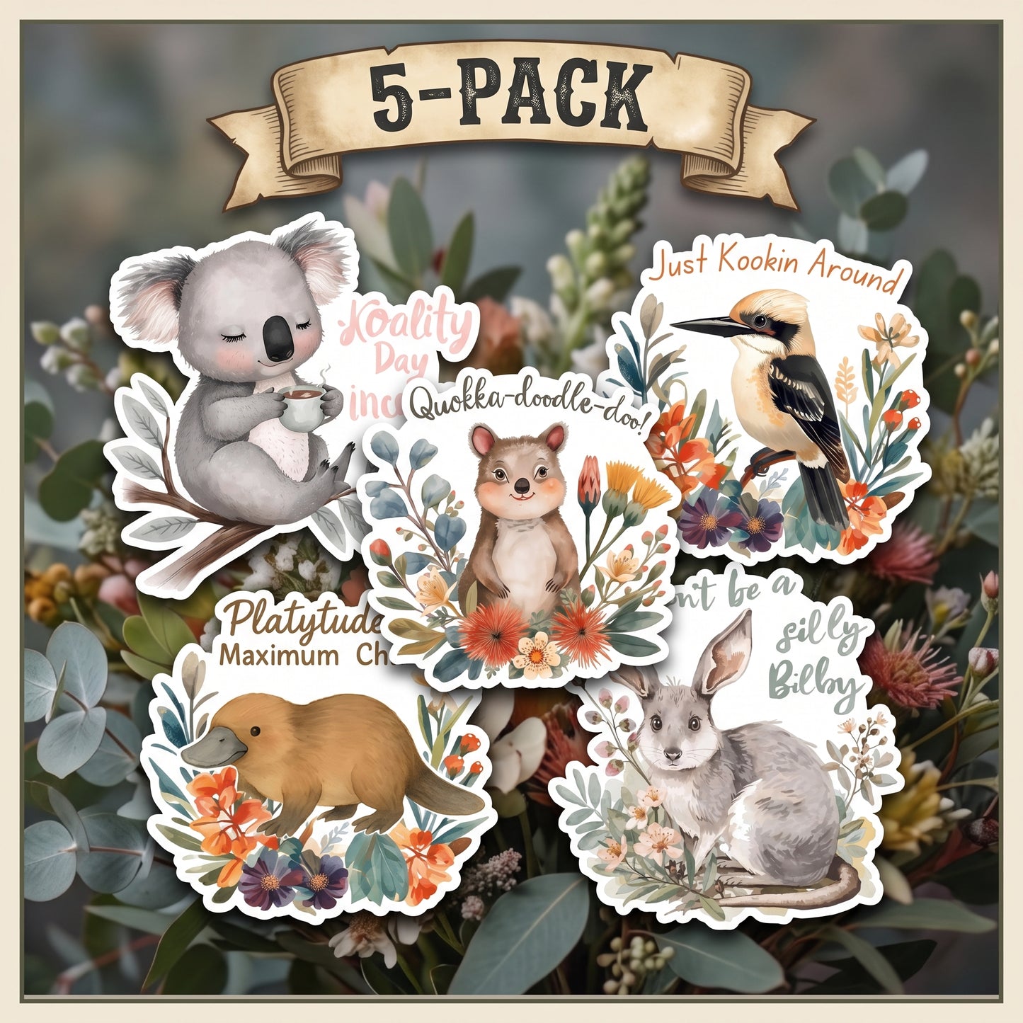 Australian Animals Sticker 5-Pack | Aussie Wildlife Vinyl Decal Bundle