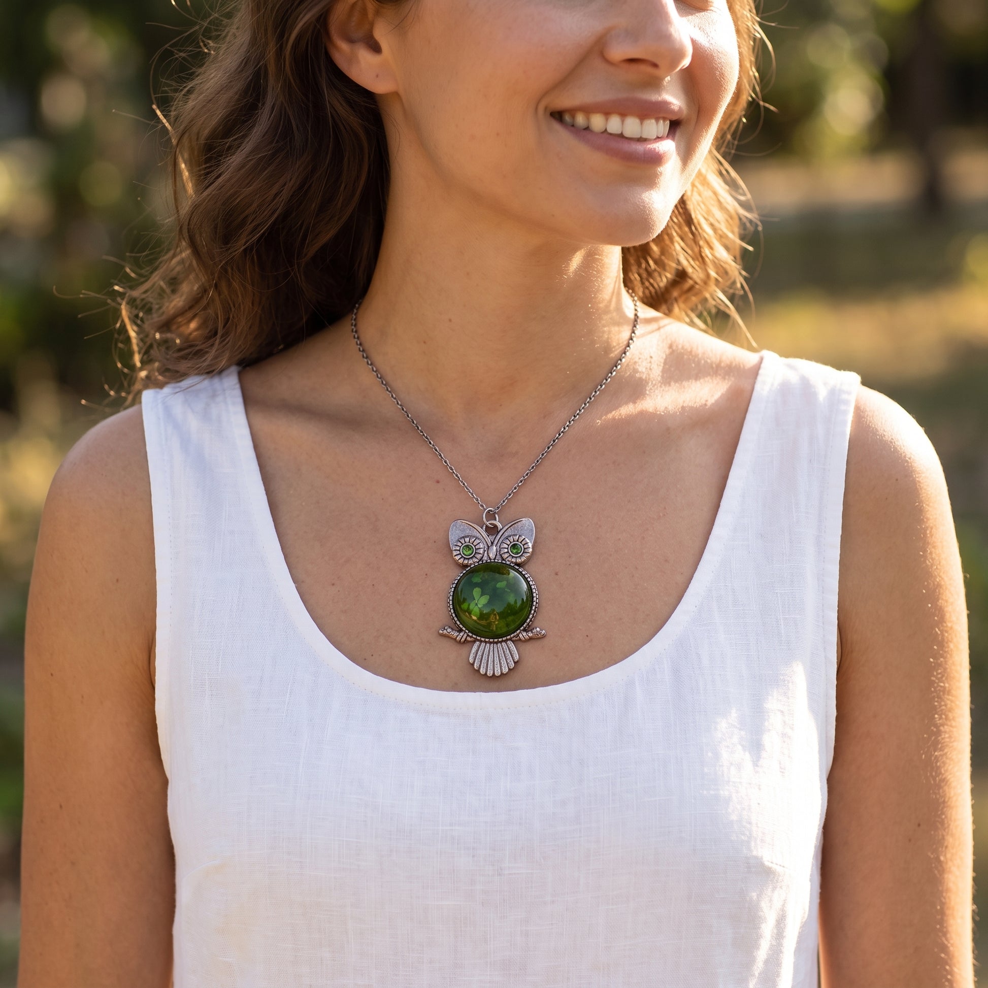 Mystical Owl Pendant Necklace, Handmade Antique Silver Glass Dome