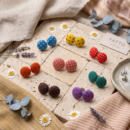 Polka Dot Fabric Button Stud Earrings, Handmade Colourful Studs