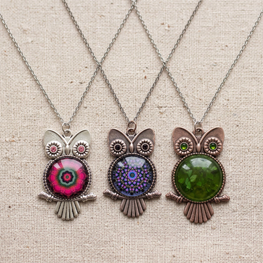 Mystical Owl Pendant Necklace, Handmade Antique Silver Glass Dome