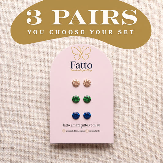 Crystal Stud Earrings 3-Pack – Stainless Steel, Pick Any 3 Colours