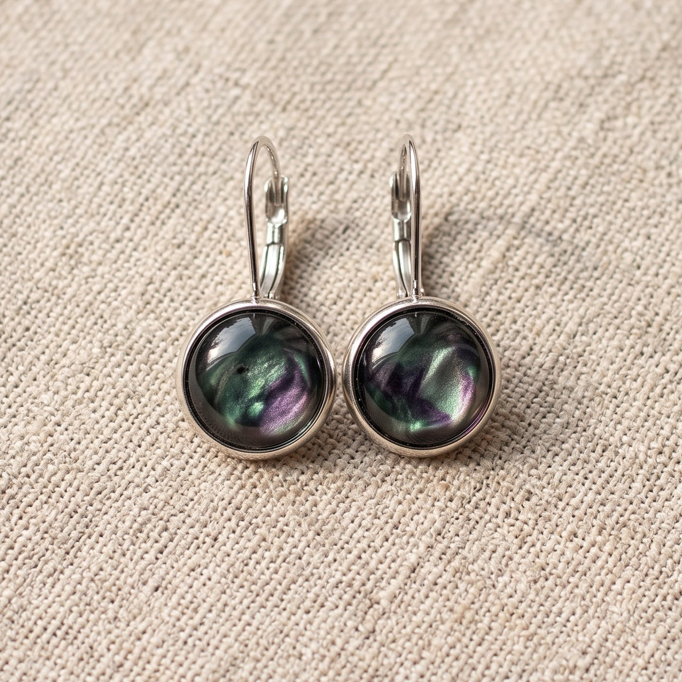 Cosmic Sparkle Drop Earrings, Handmade Iridescent Black Shimmer Studs