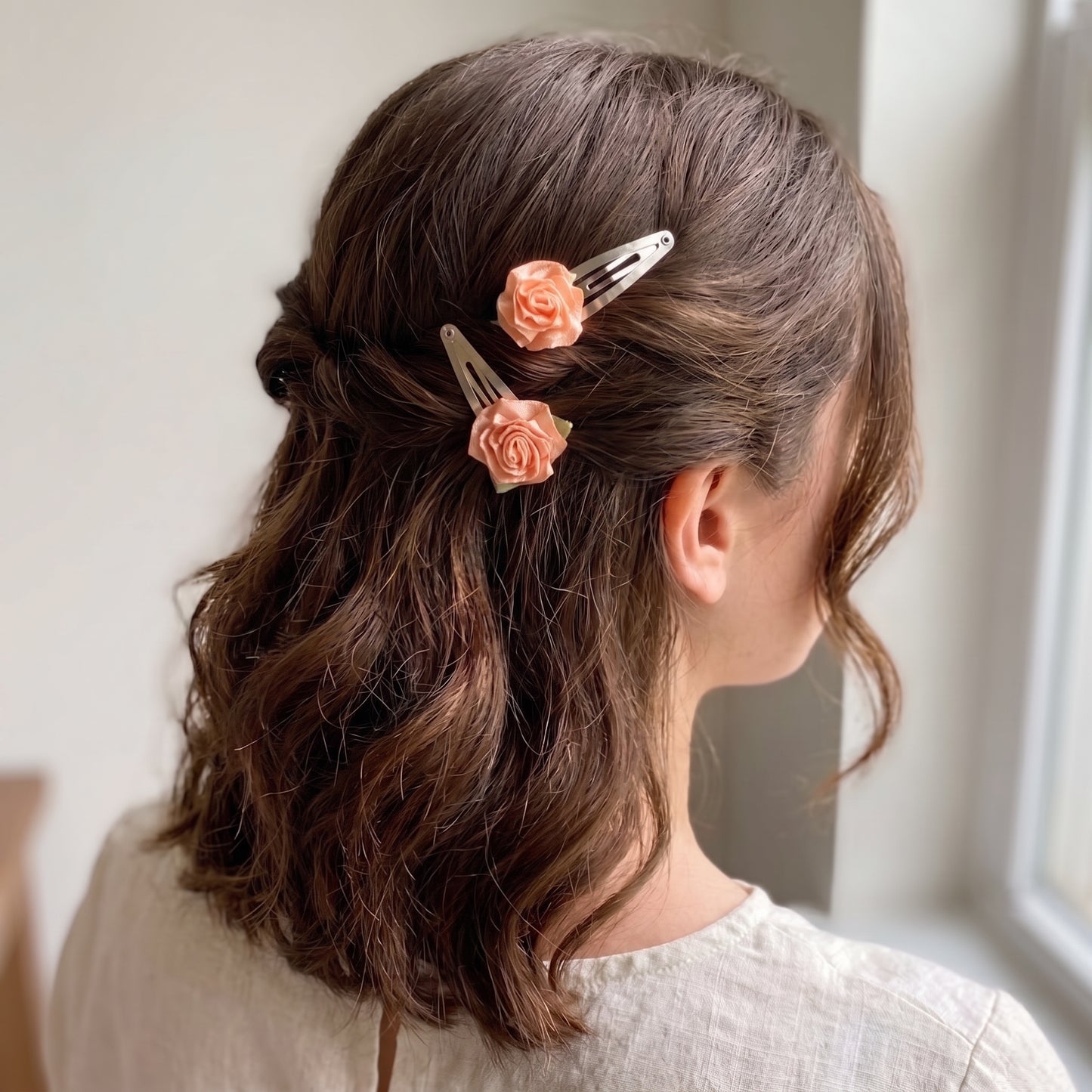 Flower Hair Clips (Set of 2), Handmade Ribbon Rose Snap Clips