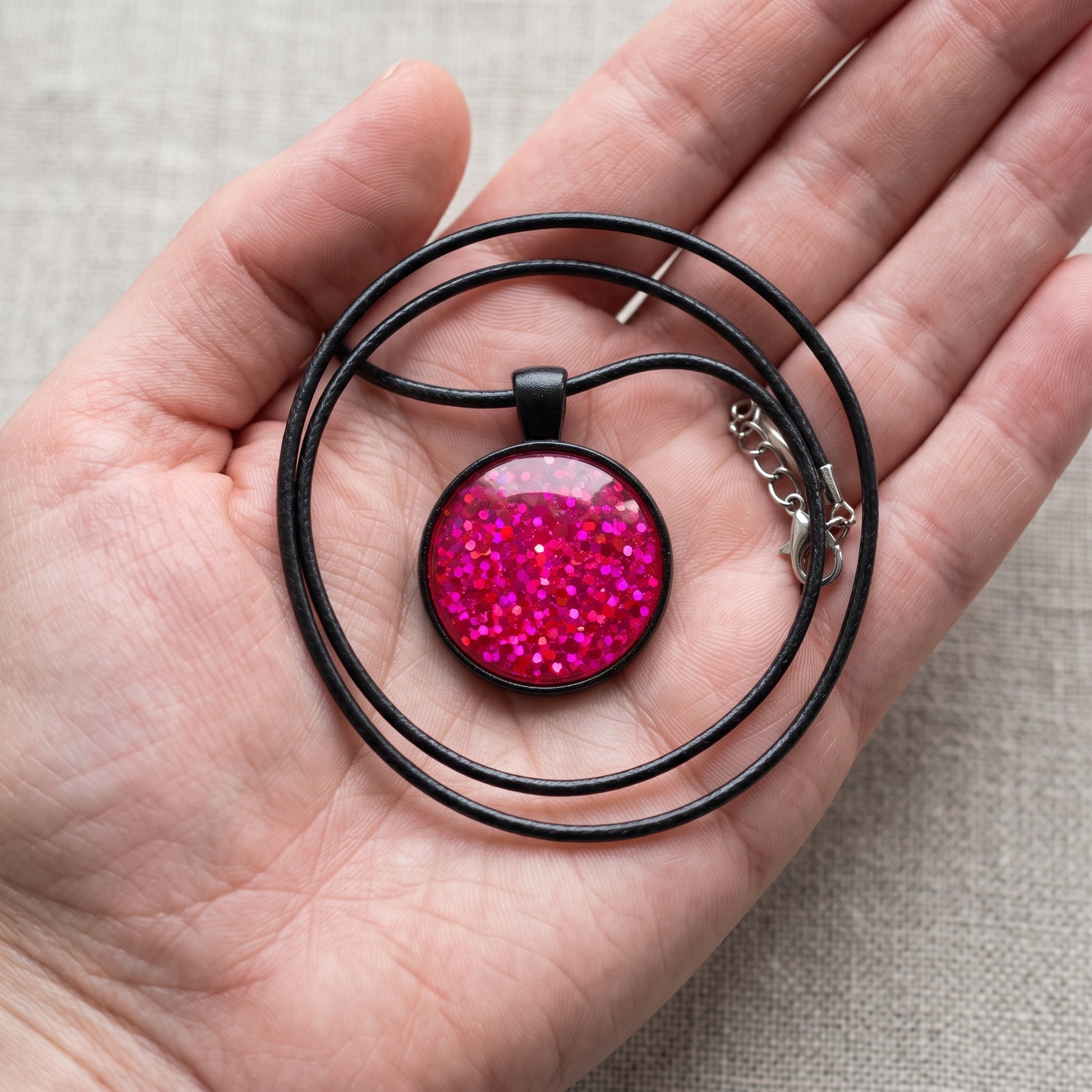 Hot Pink Glitter Dome Necklace, Handmade Statement Pendant