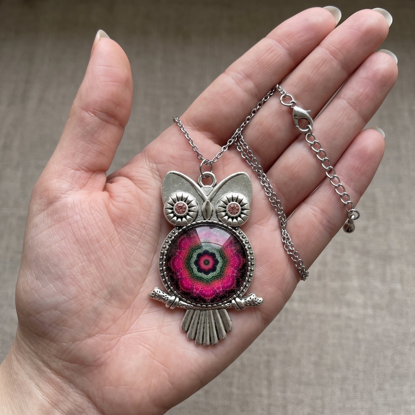 Mystical Owl Pendant Necklace, Handmade Antique Silver Glass Dome