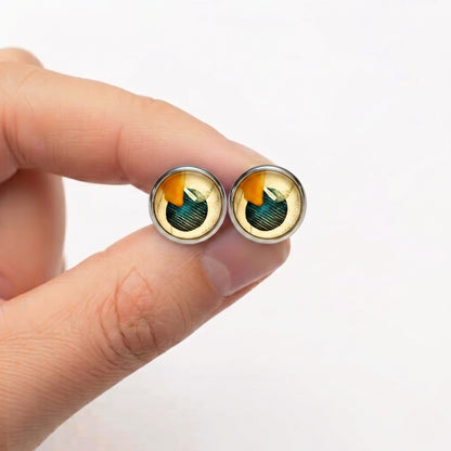 Geometric Artwork Stud Earrings, Handmade Colourful Glass Cabochon Studs