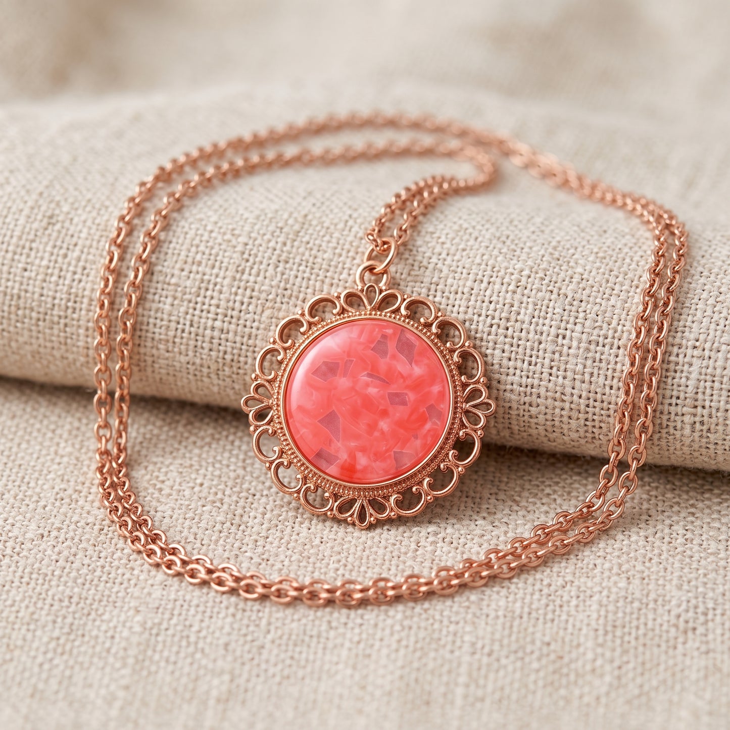 Coral Glitter Filigree Necklace, Handmade Rose Gold Pendant