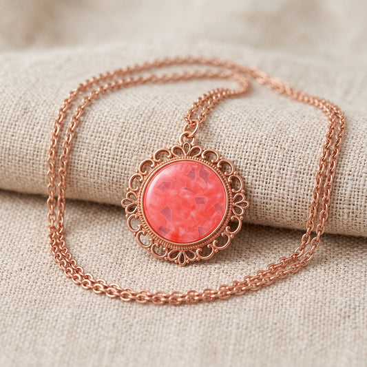 Coral Glitter Filigree Necklace, Handmade Rose Gold Pendant