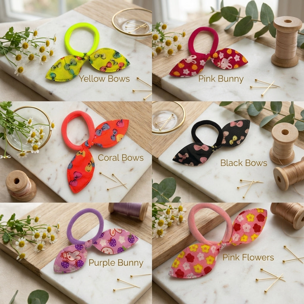 Fabric Bow Hair Ties (2 Pack), Handmade Printed Elastic Bows