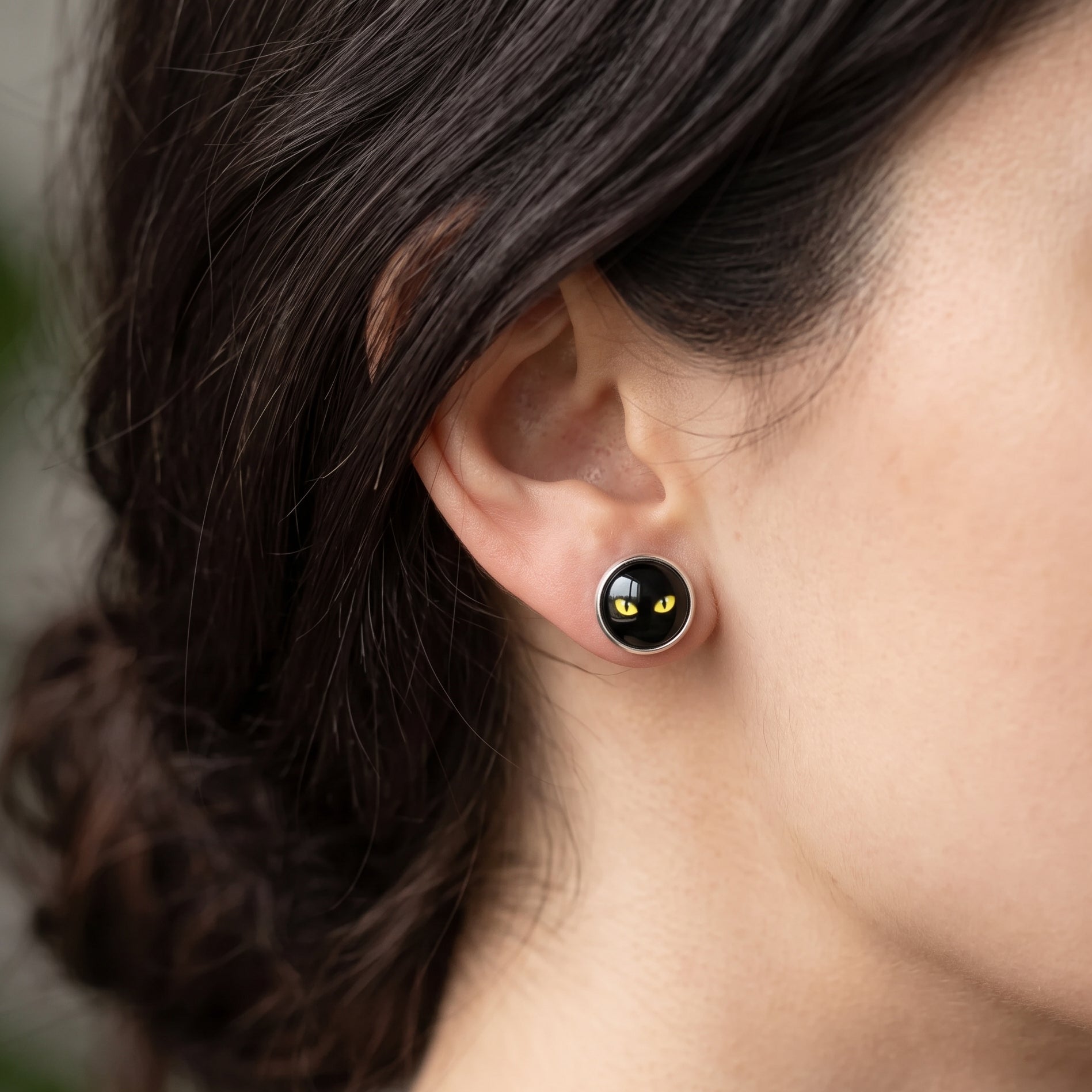 Black Cat Eyes Stud Earrings, Handmade Glass Cabochon Studs