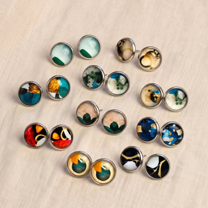 Geometric Artwork Stud Earrings, Handmade Colourful Glass Cabochon Studs