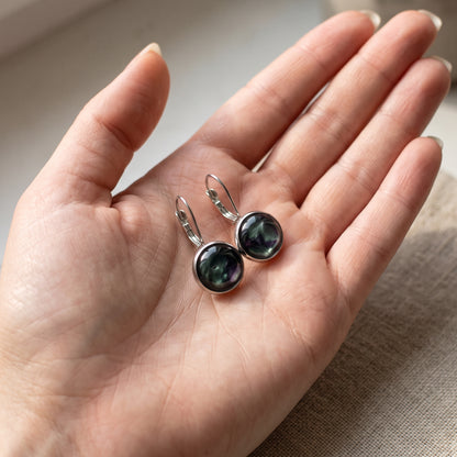 Cosmic Sparkle Drop Earrings, Handmade Iridescent Black Shimmer Studs