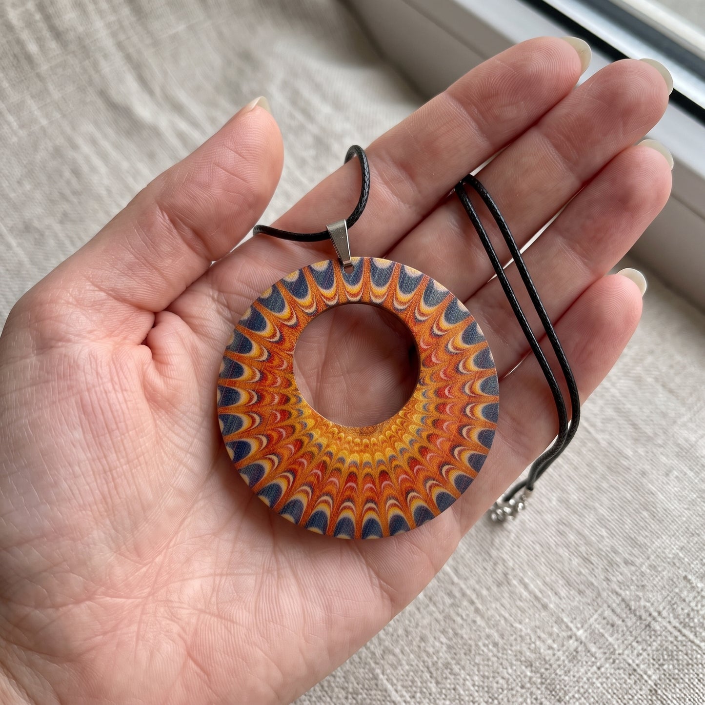 Boho Wooden Pendant Necklace, Handmade Printed Design with Butterfly Charm