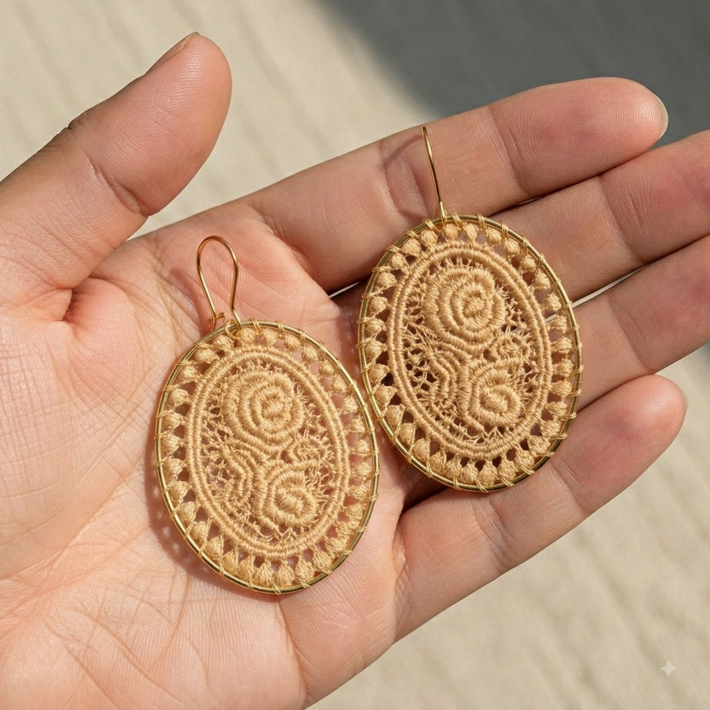 Vintage Lace Rose Oval Earrings, Handmade Woven Statement Drops