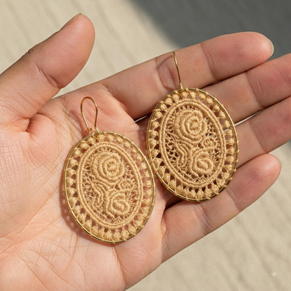 Vintage Lace Rose Oval Earrings, Handmade Woven Statement Drops