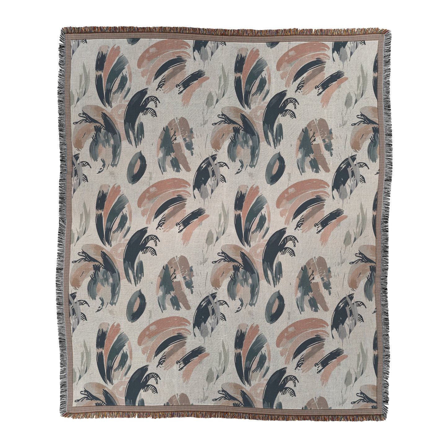 Abstract Brushstroke Woven Blanket | Neutral Modern Boho Printed Throw | Cozy Tapestry with Fringed Edges Default Title