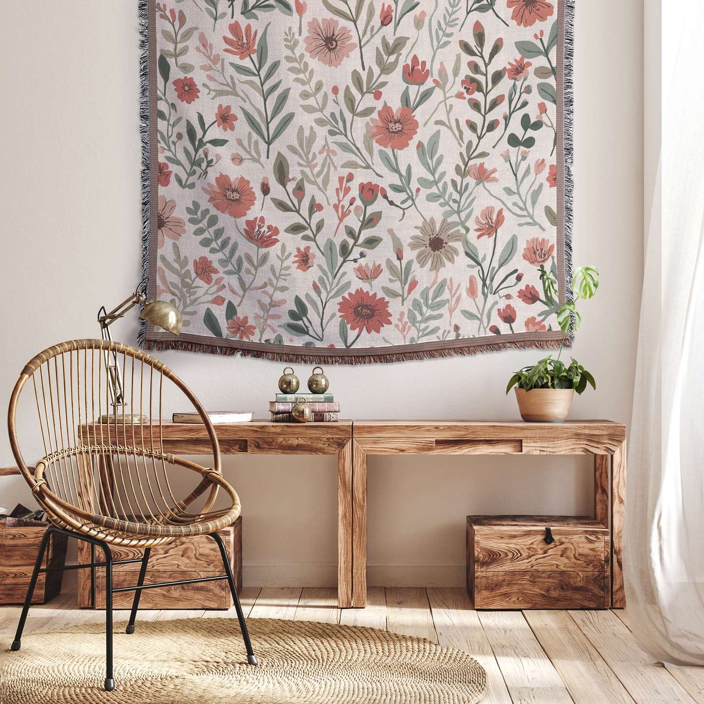 Rustic Wildflower Woven Throw Blanket | Cottagecore Floral Design | Soft Printed Tapestry Blanket for Sofa, Bed & Home Décor