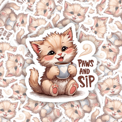 Paws and Sip Cat Coffee | Cozy Aesthetic | White Gloss Vinyl | Die-Cut Sticker