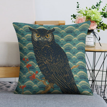Majestic Owl Japanese Ukiyo-e Cushion Cover — US-Made, Single-Sided Print, 45×45cm