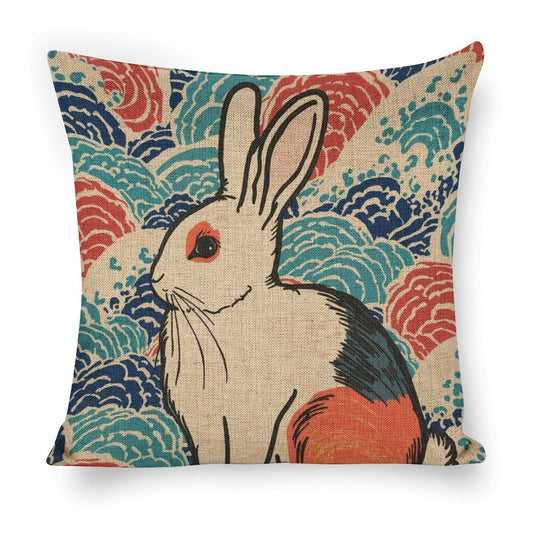 Vivid Rabbit Japanese Ukiyo-e Cushion Cover — US-Made, Single-Sided Print, 45×45cm