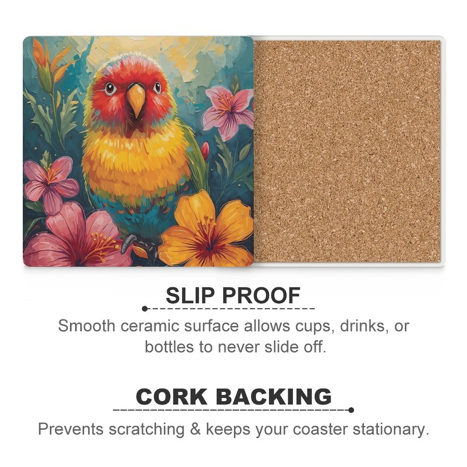 Tropical Lovebird Vivid Illustration Coasters — US-Made, Set of 4