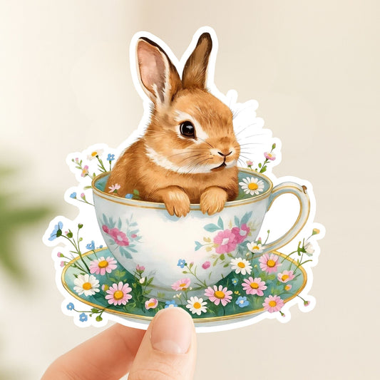 Bunny in Teacup Floral Spring | Cottagecore | White Vinyl | Die-Cut Sticker
