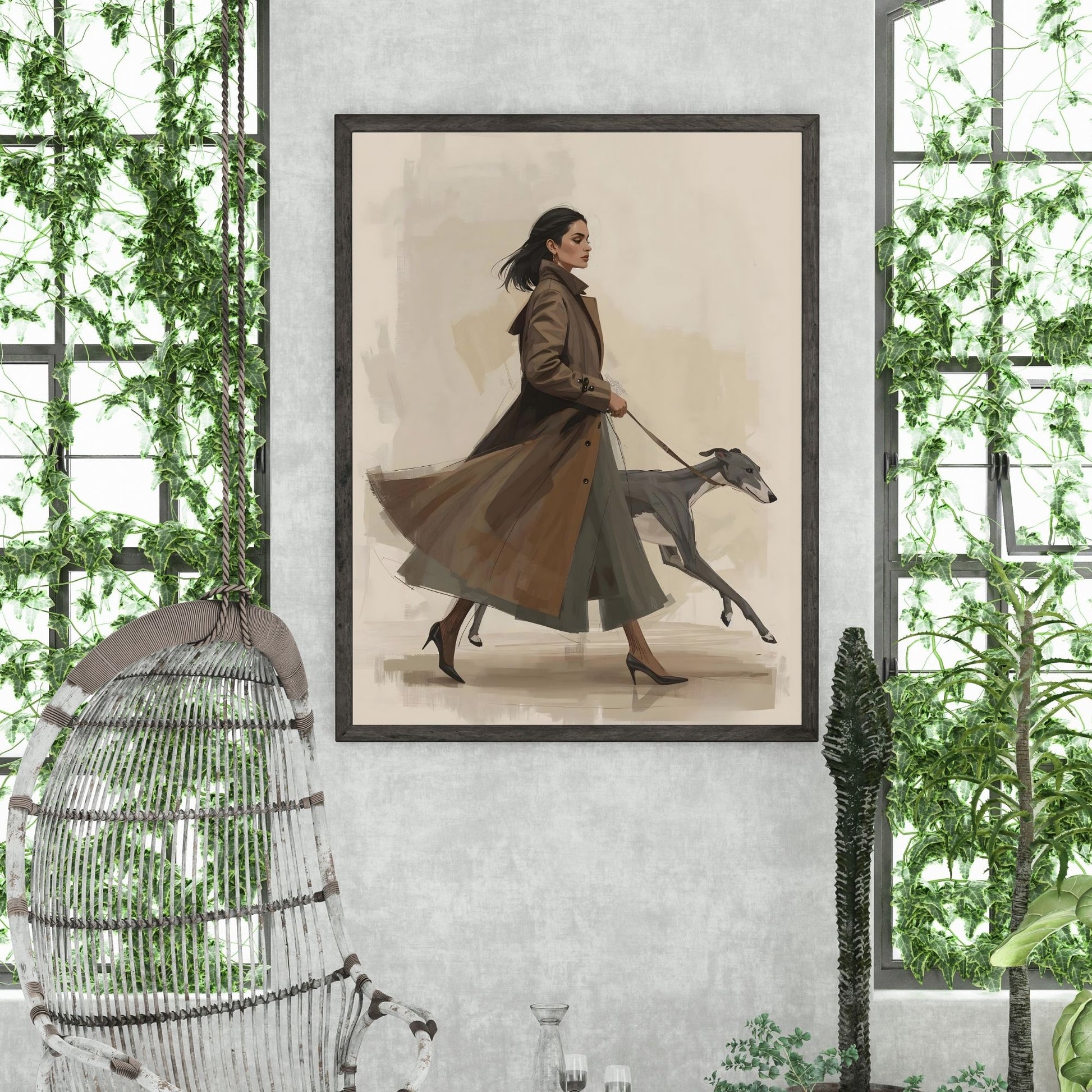 Chic City Stroll Illustration | Woman in Trench Coat with Greyhound | Digital Wall Artwork
