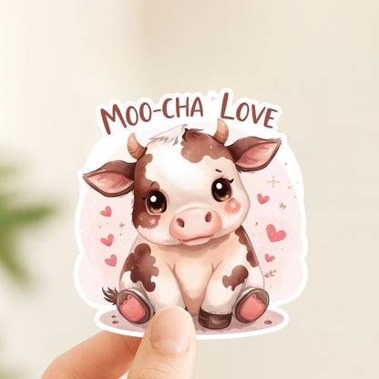 Moo-Cha Love Baby Cow | Kawaii Animal | White Vinyl | Die-Cut Sticker